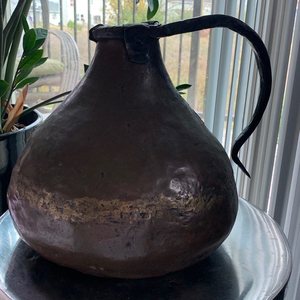 19th Century English Haystack Hammered Copper Brass Jug 9.5”H 11”W